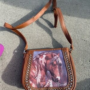Brown Leather Horse Print Crossbody Bag